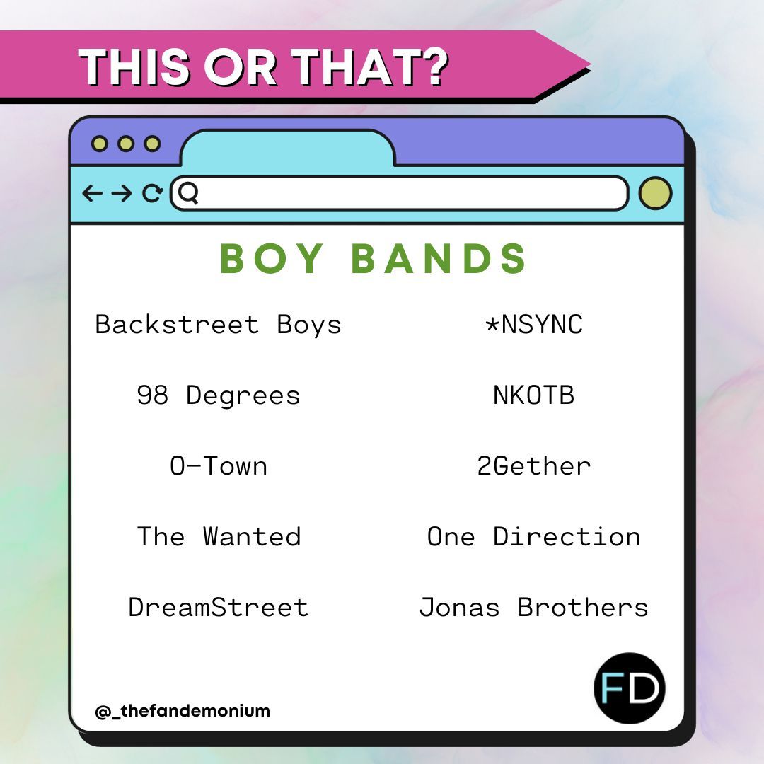🤔✨ This or That: Boy Bands Edition! 🕺💫

Ready to dive into the ultimate boy band showdown? 💥💙 Screenshot this post, circle your picks, and share it on your stories! 📸✨ Don't forget to tag us @_thefandemonium with your answers!

Let the battle of the boy bands begin! 🎤🌟