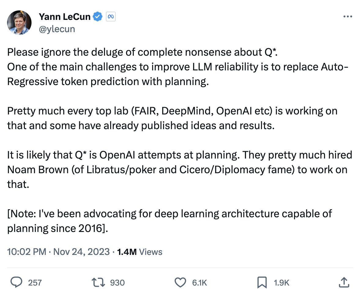 SchmidhuberAI's tweet photo. So @ylecun: "I've been advocating for deep learning architecture capable of planning since 2016" vs me: "I've been publishing deep learning architectures capable of planning since 1990." I guess in 2016 @ylecun also picked up the torch. (References attached)                              
                      
Original tweet by @ylecun: https://t.co/bCvO0SEkhl

REFERENCES

Online planning with deep learning architectures / artificial neural networks (NNs):

[PLAN1] J.  Schmidhuber (1990). Making the world differentiable: on using self-supervised fully recurrent neural networks for dynamic reinforcement learning and planning in non-stationary environments. TR FKI-126-90, TU Munich, Feb 1990, revised Nov 1990. The first paper on online planning with reinforcement learning recurrent NNs and on artificial curiosity with generative adversarial networks where a generator NN is fighting a predictor NN in a minimax game. Extending NN-based system identification and control of the 1980s by Werbos, Munro, Nguyen & Widrow, and others. See also overviews [PLAN7][LEC]. https://t.co/VJvrmtsE6m 

[PLAN2] J.  Schmidhuber (1990). An on-line algorithm for dynamic reinforcement learning and planning in reactive environments. In IJCNN'90, San Diego, volume 2, pages 253-258, June 17-21. Based on [PLAN1].

[PLAN3] J.  Schmidhuber (1991). Reinforcement learning in Markovian and non-Markovian environments. NIPS'3, pages 500-506. San Mateo, CA: Morgan Kaufmann. Partially based on [PLAN1]. https://t.co/pp2LU4lr0w

[PLAN4] David Ha (@hardmaru), J. Schmidhuber (2018). Recurrent World Models Facilitate Policy Evolution. Advances in Neural Information Processing Systems (NIPS), Montreal. (Oral.) https://t.co/PrHKOHF54i. Github: https://t.co/RrUNYSIz6n

[PLAN7] J. Schmidhuber (2020, updated 2023). 30-year anniversary of planning & reinforcement learning with recurrent world models and artificial curiosity (1990). https://t.co/OBoGmuZWab

Hierarchical planning with with deep learning architectures:

[HPLAN1] J.  Schmidhuber (1990). Towards compositional learning with dynamic neural networks. TR FKI-129-90, TU Munich. An RL machine gets extra command inputs of the form (start, goal). A JEPA-like evaluator NN learns to predict the current rewards/costs of going from start to goal. An (R)NN-based subgoal generator also sees (start, goal), and uses (copies of) the evaluator NN to learn by gradient descent a sequence of cost-minimising intermediate subgoals. The RL machine tries to use such subgoal sequences to achieve final goals. The system is learning action plans at multiple levels of abstraction and multiple time scales and solves what Y. LeCun called an "open problem" in 2022 [LEC]. https://t.co/Kq1oViaRCo

[HPLAN2] J. Schmidhuber (1991). Learning to generate sub-goals for action sequences. In T. Kohonen, K. Mäkisara, O. Simula, and J. Kangas, editors, Artificial Neural Networks, pages 967-972. Elsevier Science Publishers B.V., North-Holland. Extending [HPLAN1]. https://t.co/3Jt80SSqy9

[HPLAN3] J. Schmidhuber and R. Wahnsiedler (1992). Planning simple trajectories using neural subgoal generators. In J. A. Meyer, H. L. Roitblat, and S. W. Wilson, editors, Proc. of the 2nd International Conference on Simulation of Adaptive Behavior, pages 196-202. MIT Press. Based on [HPLAN1-2]. https://t.co/aqoryPjb3O

[HPLAN4] J. Schmidhuber (2015). On Learning to Think: Algorithmic Information Theory for Novel Combinations of Reinforcement Learning Controllers and Recurrent Neural World Models. Check out the reinforcement learning prompt engineer in Sec. 5.3: a controller neural network C learns to send prompt sequences into a world model M (e.g., a foundation model) trained on, say, videos of actors. C also learns to interpret answers of M, extracting algorithmic information from M. Acid test: does C learn its control tasks faster with M than without? Is it cheaper to learn C’s tasks from scratch, or to address algorithmic info in M in some computable way, enabling things such as abstract hierarchical planning and reasoning? https://t.co/5FQEb7Cc3F . See also this tweet https://t.co/1szutyBLUw

[HPLAN5] J. Schmidhuber (2018). One Big Net For Everything. Collapsing the controller and the world model and the abstract planner of [HPLAN4] into a single network, using the neural network distillation of 1991 [UN1]. https://t.co/7NLeiMnFcq 

[UN1] J. Schmidhuber (1991). Learning complex, extended sequences using the principle of history compression. Neural Computation, 4(2):234-242, 1992. Based on TR FKI-148-91, TUM, 1991. First working Deep Learner based on a deep RNN hierarchy (with different self-organising time scales), overcoming the vanishing gradient problem through unsupervised pre-training and predictive coding (with self-supervised target generation). Also: compressing or distilling a teacher net (the chunker) into a student net (the automatizer) that does not forget its old skills—--such approaches are now widely used. See also this tweet: https://t.co/E9GjXsamkE

[LEC] J. Schmidhuber (AI Blog, 2022). LeCun's 2022 paper on autonomous machine intelligence rehashes but does not cite essential work of 1990-2015. Years ago, Schmidhuber's team published most of what LeCun calls his "main original contributions:" neural nets that learn multiple time scales and levels of abstraction, generate subgoals, use intrinsic motivation to improve world models, and plan (1990); controllers that learn informative predictable representations (1997), etc. This was also discussed on Hacker News, reddit, and in the media. See this tweet: https://t.co/R3s2amgjle LeCun also listed the "5 best ideas 2012-2022" without mentioning that most of them are from Schmidhuber's lab, and older. See this tweet: https://t.co/akuK7L0lCi
