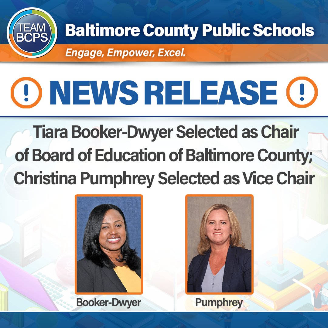 Tiara Booker-Dwyer was selected Tuesday (Dec. 5) to serve as chair of the Board of Education of Baltimore County, while Christina Pumphrey was selected as vice president. Both officers will serve a one-year term. News Release ➡️cdnsm5-ss3.sharpschool.com/UserFiles/Serv…