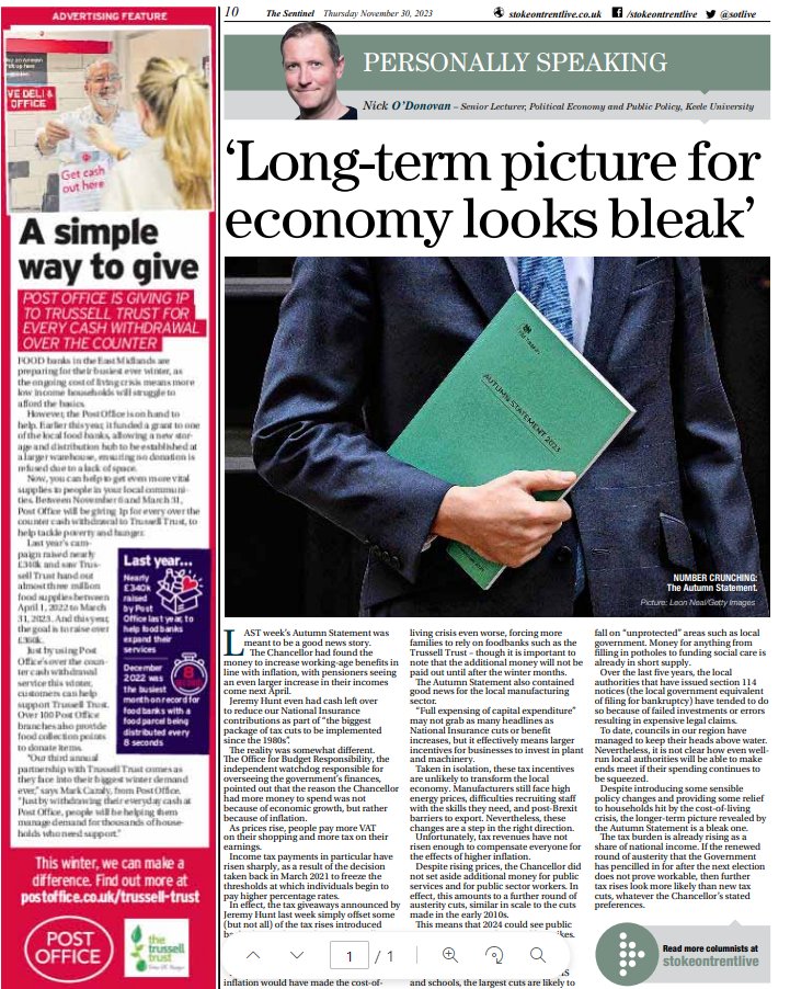 Our KBS colleagues are frequently in the media contributing to public and political debate. Check out @DrNickOD  writing about the Autumn Statement in last week's Sentinel