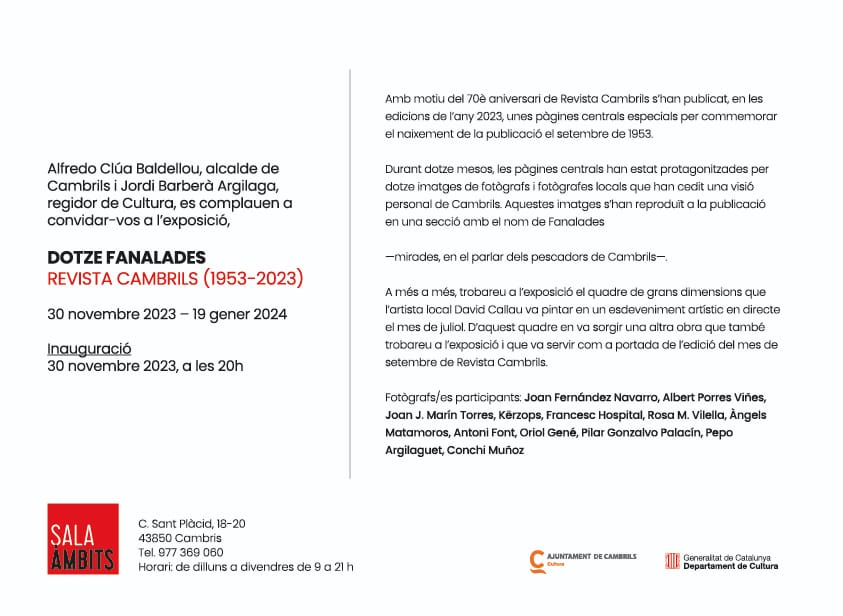 CambrilsCultura's tweet photo. Els dies 9 i 10 de desembre a la ruta de Tallers Oberts també podeu incloure la visita a les 2 exposicions del Centre Cultural. Horari de 11 a 14 h 
#cambrilscultura #TO23 #tallersobertscambrils23 https://t.co/pvsgyxzm6G