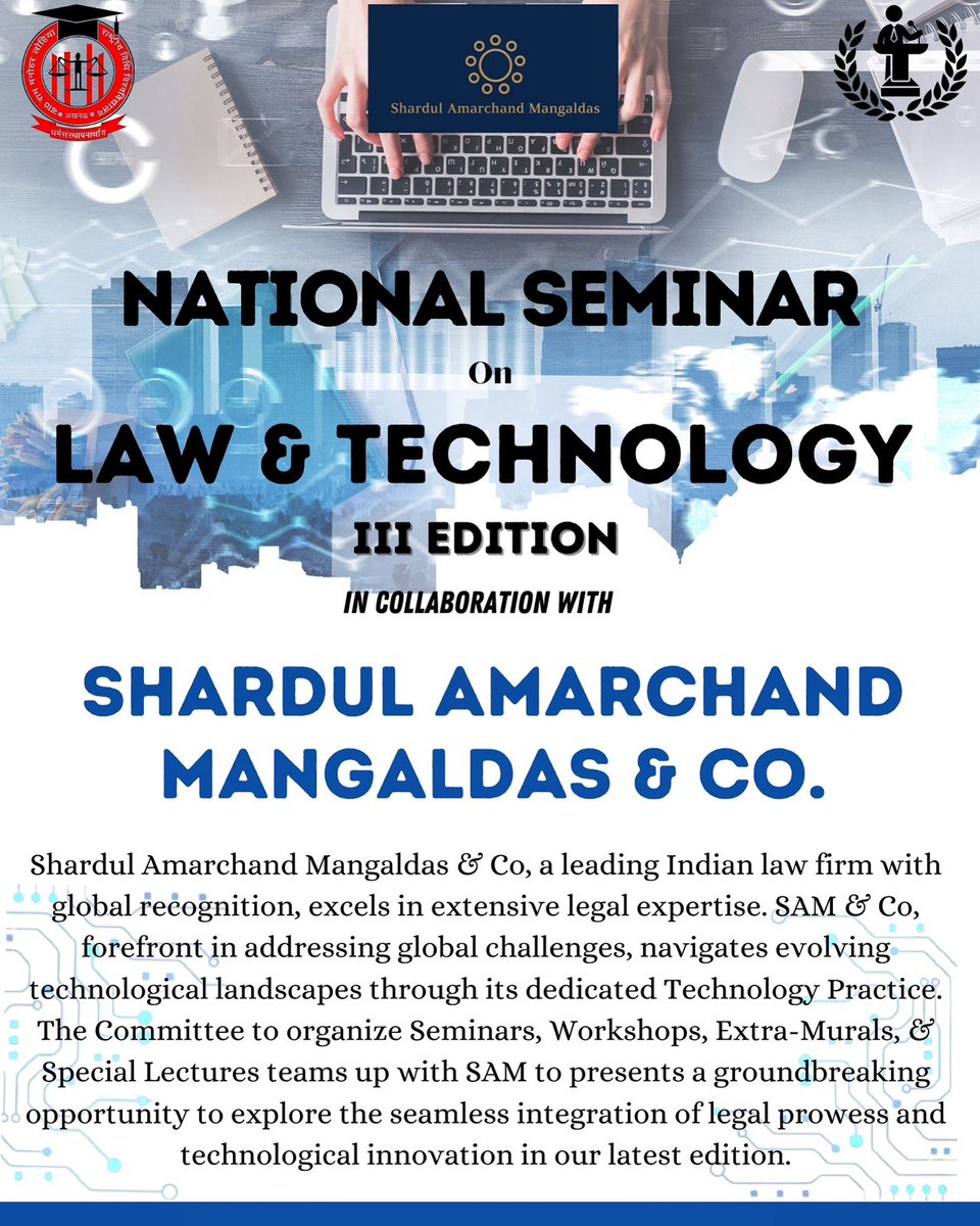 Seminar_RMLNLU's tweet photo. The Seminar Committee announces a transformative collaboration with ‘ @AMS_Shardul Amarchand Mangaldas &amp; Co’. We are thrilled to unveil the National Seminar on Law &amp; Technology on 3rd – 4th Feb, where the intersection of legal acumen &amp; technological innovation takes center stage. https://t.co/s9pUbbb9KB