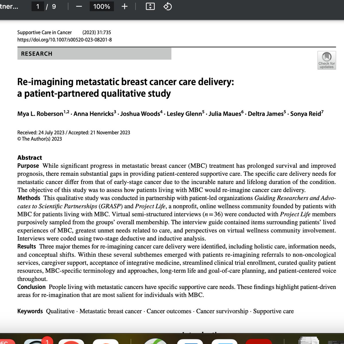 What timing! Literally hot off the presses, a piece of the work with @ProjectLifeMBC with @LesleyKailani I will be discussing today at #SABCS23 JUST dropped. Read it in Supportive Care in Cancer (open access) here: shorturl.at/kBLSV