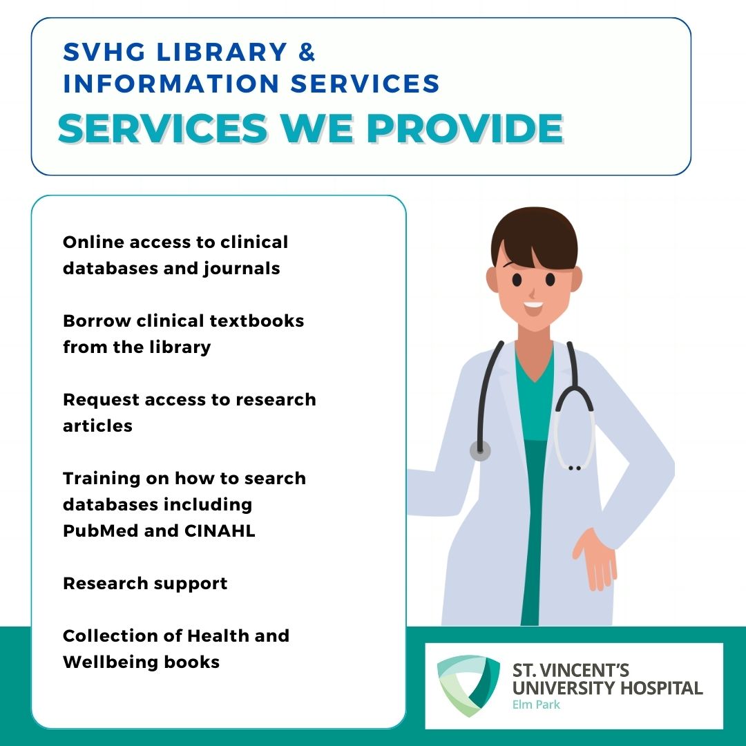 Taking the opportunity on #LibraryIrelandWeek #LIW23 to remind all our staff and students of the services we provide at @SVUH, @STMHDL and #SVPH