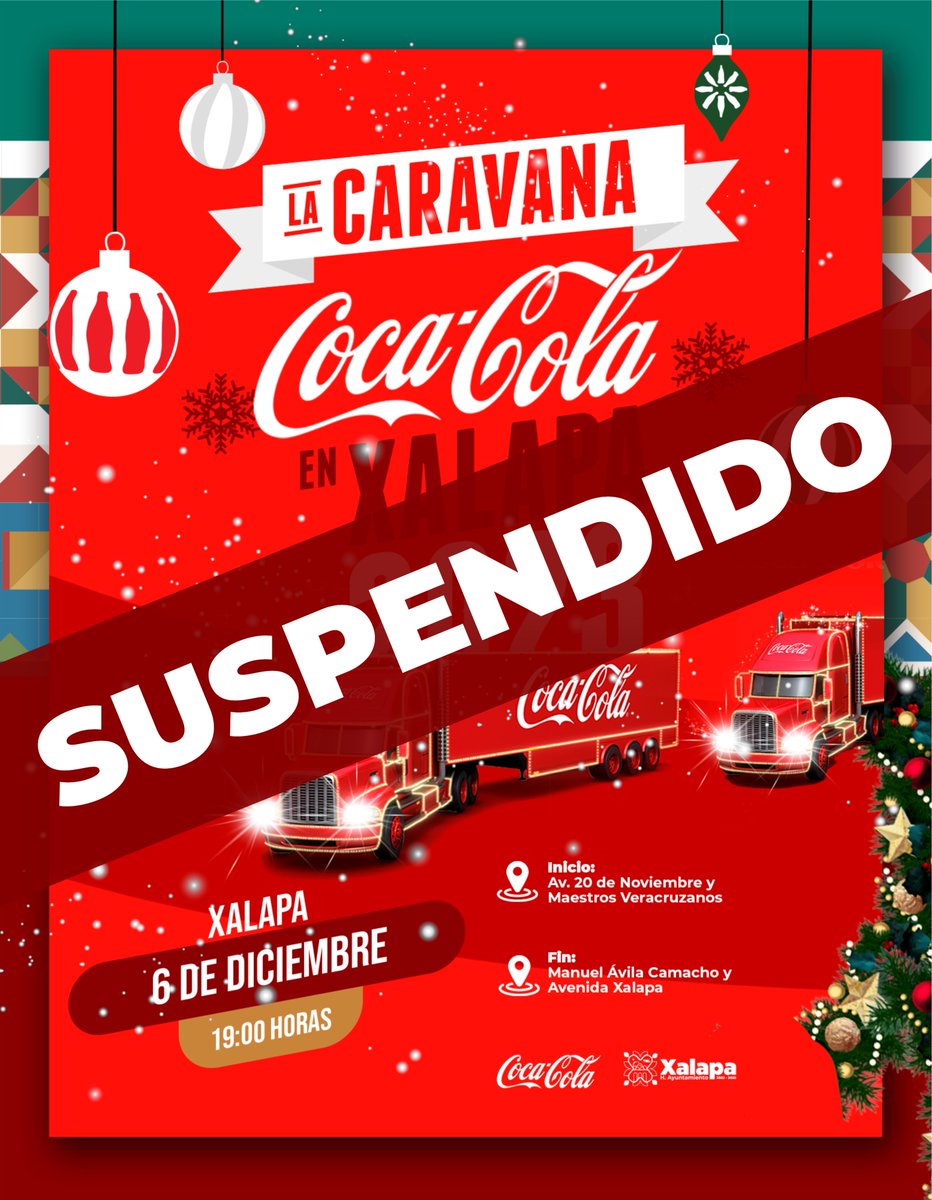 AytoXalapa's tweet photo. Atento aviso a toda la ciudadanía. 📢

Por condiciones climatológicas se suspende la Caravana Coca-Cola 2023 en la ciudad de Xalapa. 🌨

Nuestra prioridad es salvaguardar la salud de todas y todos los xalapeños.

Gracias por su comprensión. 🙌🏽

#TrabajoYTransparencia
#Xalapa https://t.co/JyAYpChzRY