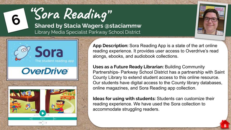 FutureReady's tweet photo. On the sixth day of #futurereadylibs Digital Tools and Ideas~ 🎶  

@staciammw shares her favorite tool: Sorareadingapp

We hope you #learnsomethingnewtoday. 💜💚 
Check out more about these awesome digital tools and ideas here: https://t.co/coeJeJDvNu
#SoraReading #futureready https://t.co/kXhSJiSVoy