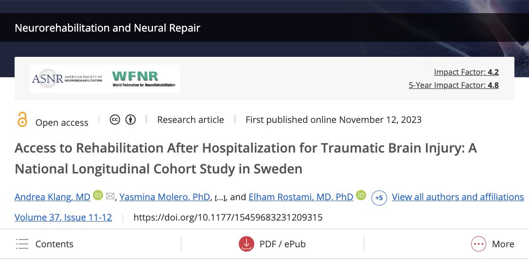 New research reports insufficient and unequal access to #TBI #rehabilitation in a cohort in Sweden. Authors emphasize a need to organize and standardize post-TBI rehab to meet patients' needs regardless of age, socioeconomic status, or location. journals.sagepub.com/doi/10.1177/15… @RostamiDr