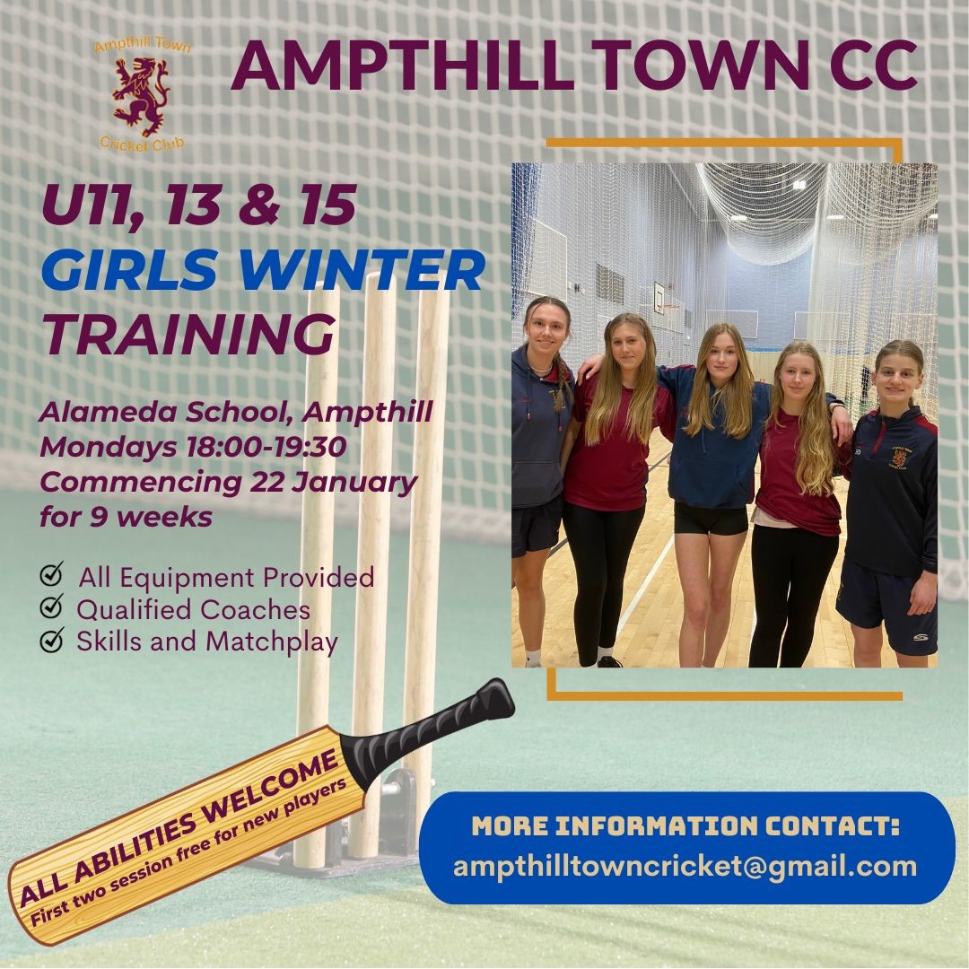 Great 👍to see @AmpthillTownCC are gearing up for the season ahead with some Girls winter 🏏training - all abilities are welcome
Further details 👉bit.ly/47VnXyW