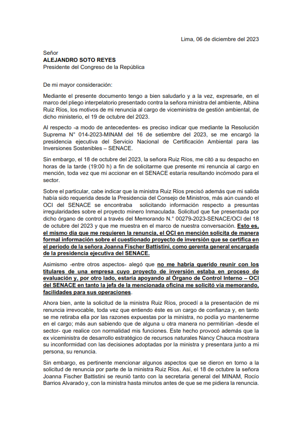 ChavezWar's tweet photo. #URGENTE: Exviceministra de Ambiente, Giuliana Becerra, dirige carta al presidente del Congreso de la República. Explica las razones reales de su renuncia, lo que está pasando en @SenacePeru y el comportamiento de Joanna Fischer y que le resulta incómoda a Albina Ruiz. https://t.co/EQqWDQ7uXz