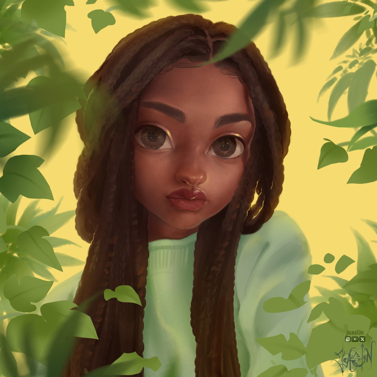 🌿 Green 🍃
Some braids and some Foliage, a nature themed portrait.

#green #braids #digitalart #boxbraids #plants #portrait #illustration #procreate #photoshop #cute #blackgirl #jungle #melanin #painting