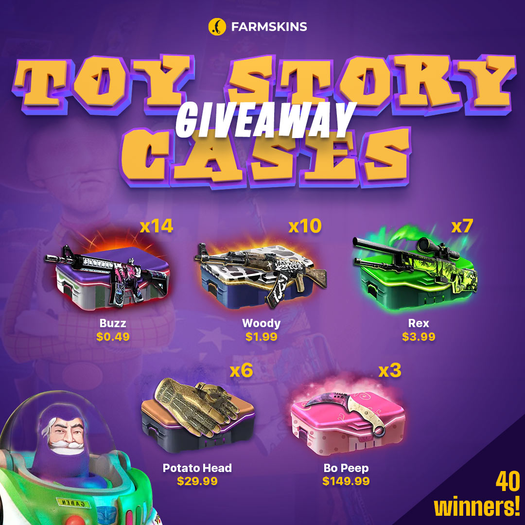 It's time for Toy Story cases GIVEAWAY! 🎉
To infinity and beyond! 💫 40 winners!

How to join? 👇
⭐Follow <a href="/farmskins/">Farmskins</a> 
⭐Like + RT this post
⭐Name your favorite case from "Toy Story" collection and tell us why

Results in 7 days! Good luck to everyone! 🌠
#csgo #cs2