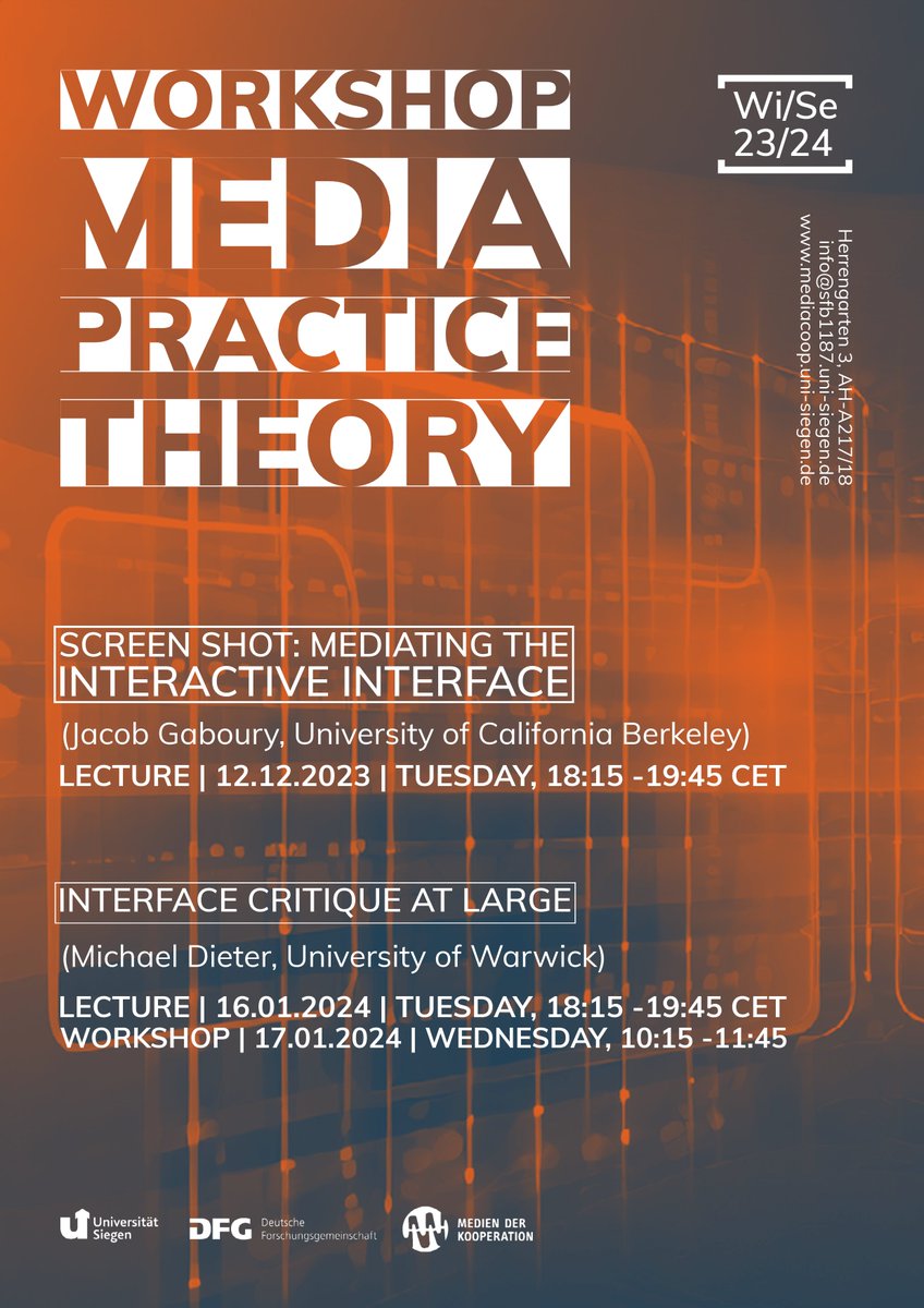 Collab. Research Center 1187 Media of Cooperation (@mediaofcoop) on Twitter photo This winter, we welcome <a href="/jacobgaboury/">Jacob Gaboury</a> and @mdieter in our #mediapracticetheory series, which features a lecture on the history of the digital #screenshot & a lecture+workshop on the #interface. More info on the events 👉 mediacoop.uni-siegen.de/en/events/ This winter, we welcome <a href="/jacobgaboury/">Jacob Gaboury</a> and @mdieter in our #mediapracticetheory series, which features a lecture on the history of the digital #screenshot & a lecture+workshop on the #interface. More info on the events 👉 mediacoop.uni-siegen.de/en/events/