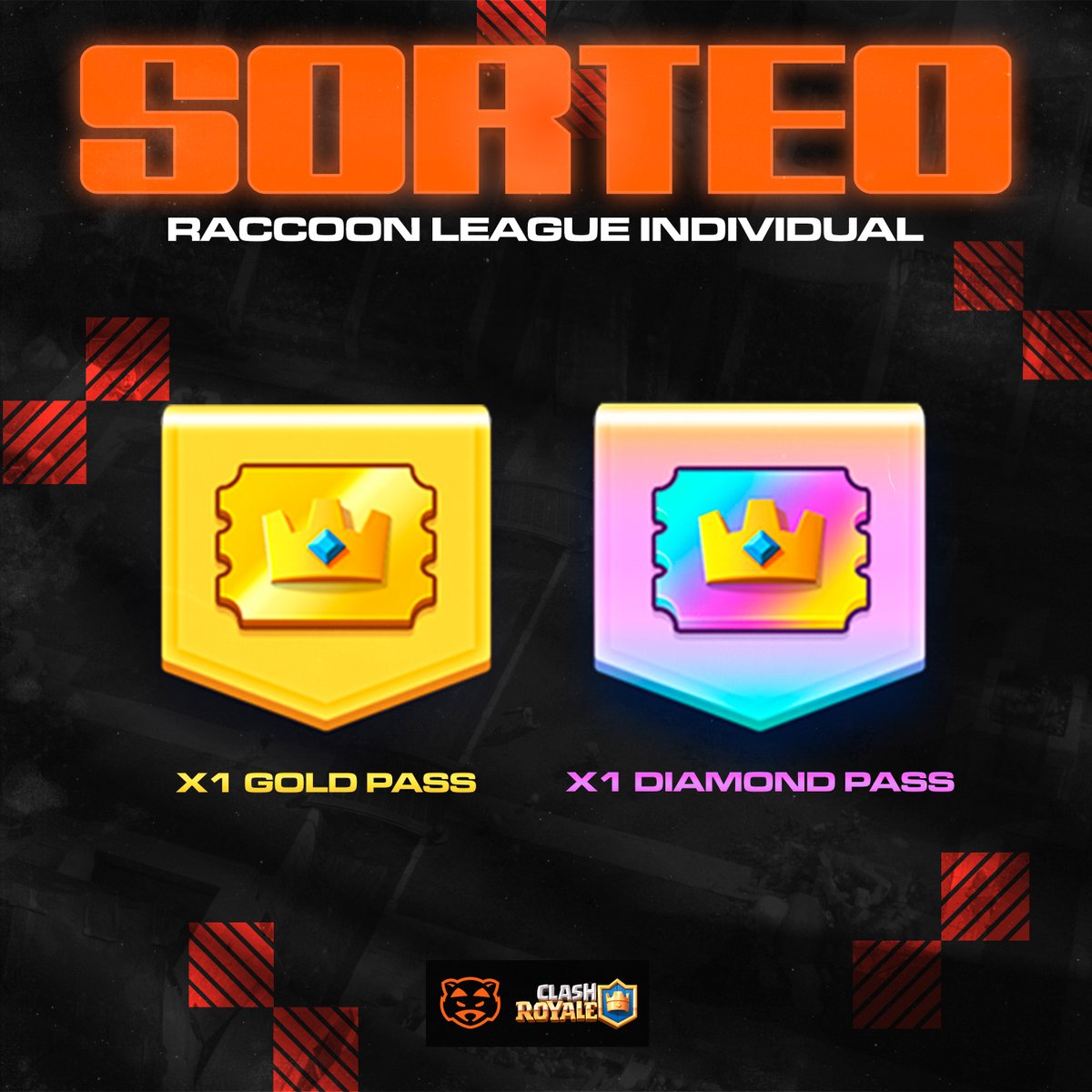 #Sorteo 🎉 ➜ Edición Individual

🪙 x1 Gold Pass
💎 x1 Diamond Pass

🔶 Seguir a <a href="/RaccoonLeague/">Raccoon League 🦝</a> &amp; <a href="/TioBigotesGamng/">El Tío Bigotes Gaming</a> 
🔶 Dejar Like &amp; Rt
🔶 Arrobar a 2 amigos en el post
🔶 Sortea el 11/12

#RaccoonLeague #Giveaway #ClashRoyale