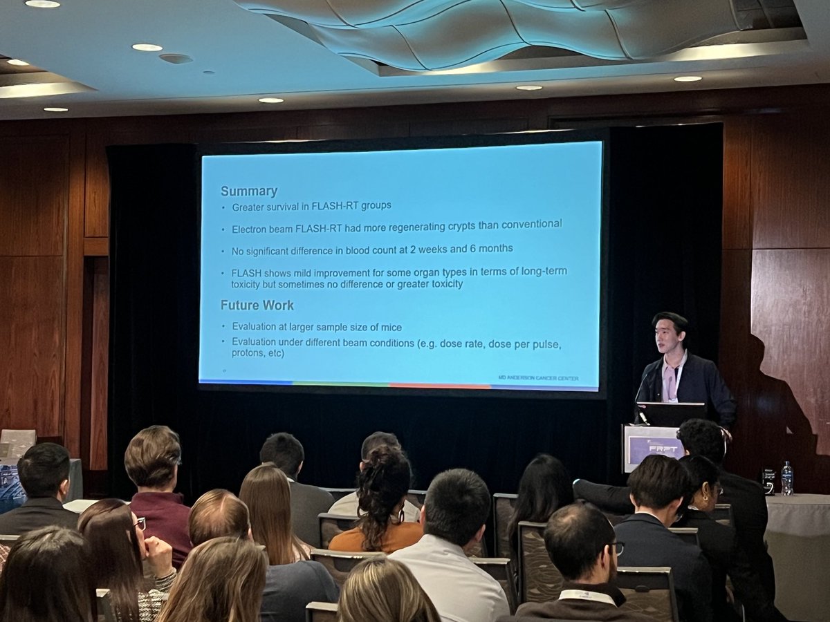 ACKoongMDPhD's tweet photo. Kevin Liu from Dr. Emil Schueler’s lab summarizes long term results of #FLASH_RT on GI tract in preclinical model. More GI crypt cells spared leading to improved survival. #endcancer #FRPT2023 @MDAndersonNews @StevenLin_MDPhD https://t.co/s3ygbMDBIC