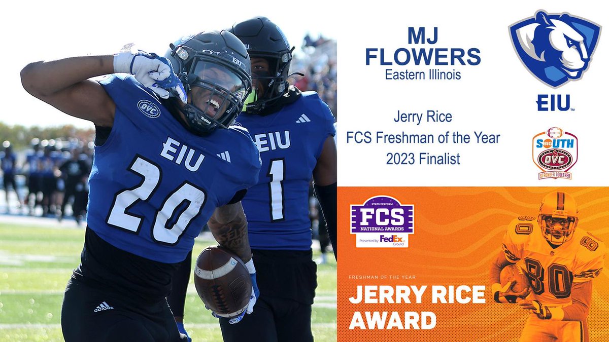 Running back MJ Flowers (@mjflowers_ ) from @EIU_FB has been voted the runner-up for the 2023 Jerry Rice FCS Freshman of the Year Award. Flowers was the @BigSouthOVCFB Offensive Freshman of the Year and a first-team All-League selection Release🏈👀⬇️💪 eiupanthers.com/news/2023/12/6…