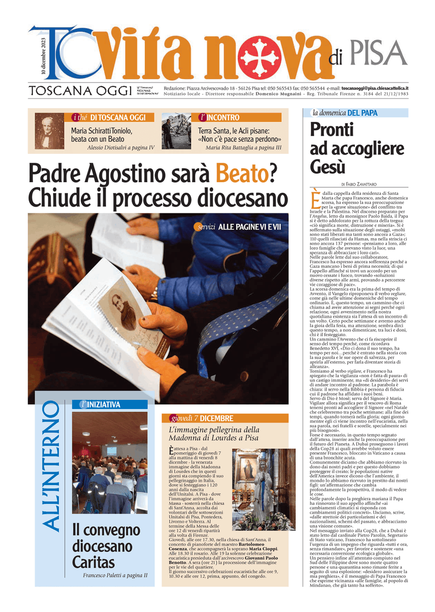 È in distribuzione il numero di <a href="/Toscanaoggi/">Toscanaoggi</a>  #VitaNova datato domenica 10 dicembre. Ecco la #primapagina del dorso dell'#ArcidiocesidiPisa.
📰🏡 Per ricevere ogni settimana a casa il settimanale informati sulle offerte di abbonamento 2024: 050.565543-055.2776634.