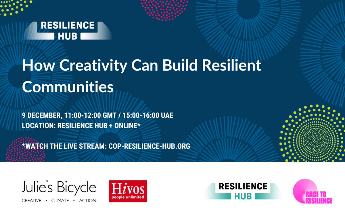 JuliesBicycle's tweet photo. How can art &amp; culture shape how communities build resilience in the face of climate impacts?

This Saturday gain insights from artists &amp; practitioners from Brazil to Nepal in our @copreshub event at #COP28. 

Join us live for discussion, performance &amp; film https://t.co/RLsXS02hIq https://t.co/B39DDlY3tI