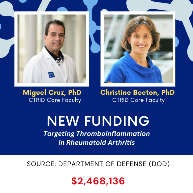BCM_CTRID's tweet photo. ๐จNEW FUNDING ALERT ๐จ
Congrats to #CTRID #members Drs. Cruz and Beeton @christinebeeton who received new funding from the
@DeptofDefense for "Targeting Thromboinflammation in Rheumatoid Arthritis"!
@VAResearch @VAHouston @BCMFromtheLabs @BCMDeptMedicine @bcmhouston https://t.co/yyV0b726yx