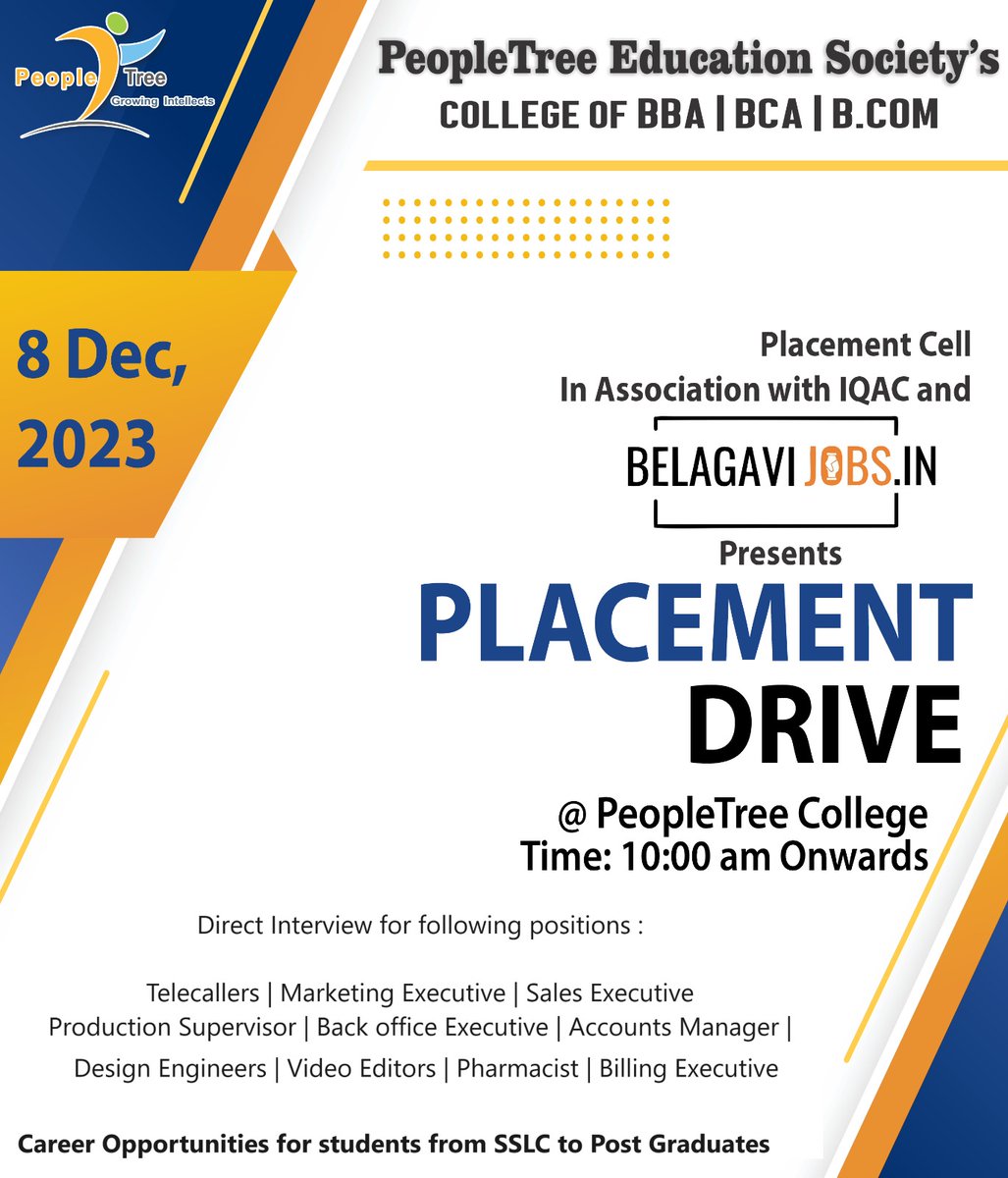 Dear Job Seekers

PeopleTree Education Society & belagavijobs.in welcomes you for the Job Drive 2023 on *8th December 2023*
To Register, please fill the following link
tinyurl.com/belagavijobs
Time:10:00a.m onwards

Venue: PeopleTree College, Belagavi
#placementdrive