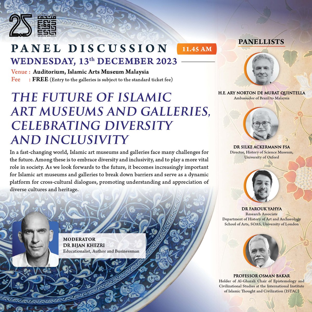 💫𝐈𝐀𝐌𝐌 𝐒𝐈𝐋𝐕𝐄𝐑 𝐀𝐍𝐍𝐈𝐕𝐄𝐑𝐒𝐀𝐑𝐘💫
In conjunction with 25 years of IAMM this month, come and listen to experts talk about a range of topics on Islamic Art this 13 December!