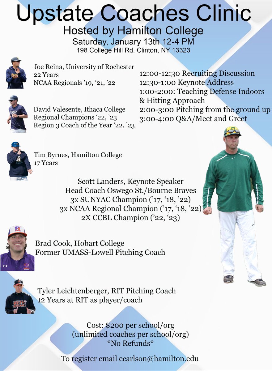 Hamilton College Baseball (@hamcollbaseball) on Twitter photo In addition to our prospect clinic in January, we will be hosting a Coaches Clinic on Jan. 13th. Great opportunity for HS/Travel coaches to learn from the best! Email ecarlson@hamilton.edu for questions/registration In addition to our prospect clinic in January, we will be hosting a Coaches Clinic on Jan. 13th. Great opportunity for HS/Travel coaches to learn from the best! Email ecarlson@hamilton.edu for questions/registration