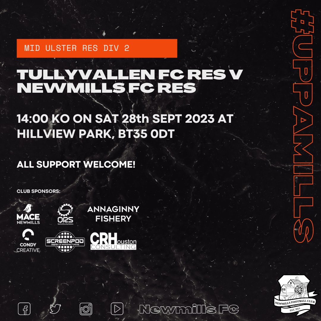 ⚽️ @VallenRangers Res V Newmills FC Res ⚽️
Newmills Res will be on the road for their 5th week in a row. This time they will be back in league action as they face Tullyvallen.
📍 Hillview Park, BT35 0DT
⏱14:00
📆 09/12/23
🟠⚫️ #uppamills ⚫️🟠