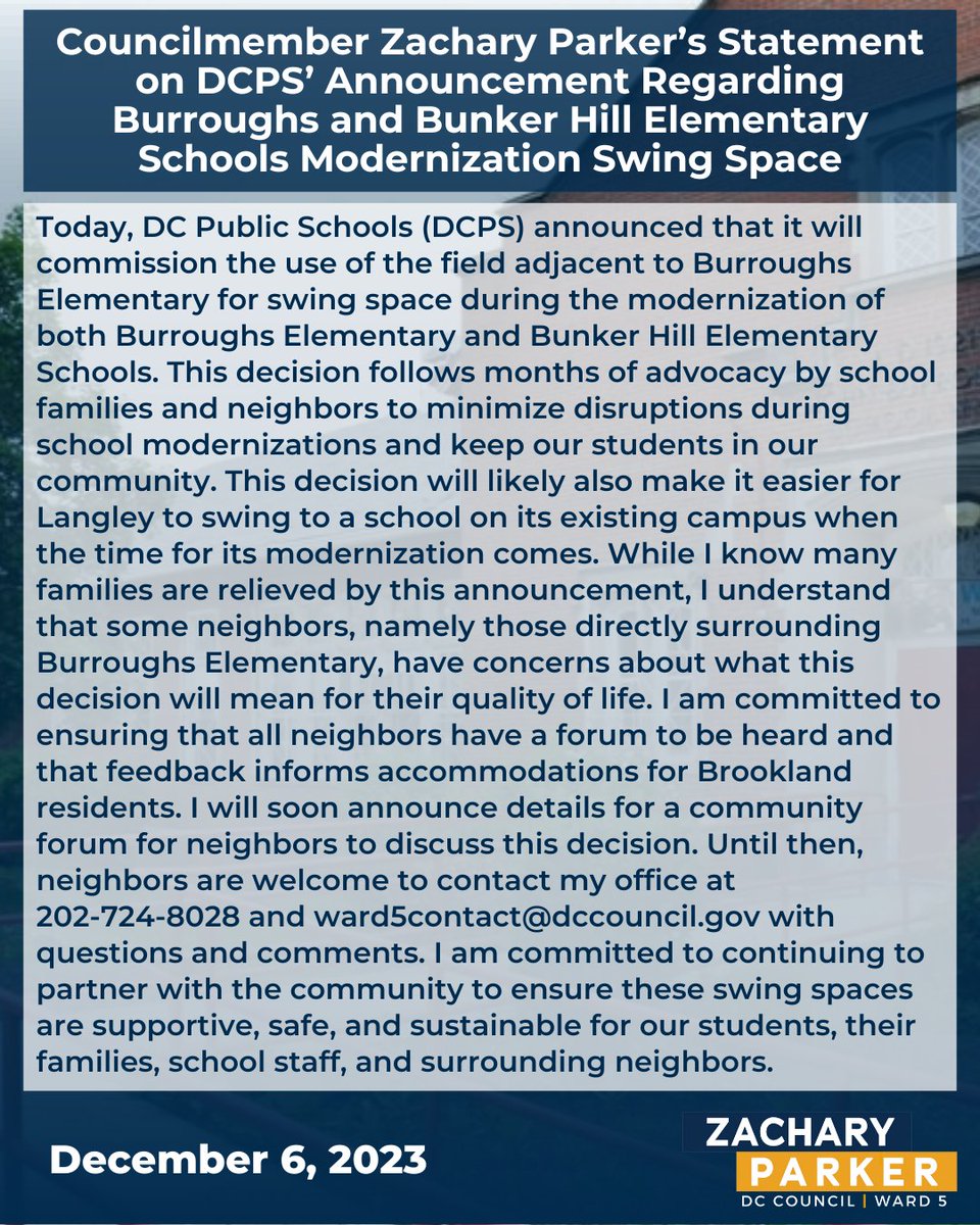 CMZParker5's tweet image. Today, DC Public Schools (@dcpublicschools) announced that it will commission the use of the field adjacent to Burroughs Elementary for swing space during the modernization of both Burroughs and Bunker Hill Elementary Schools. Here is my statement regarding this announcement.