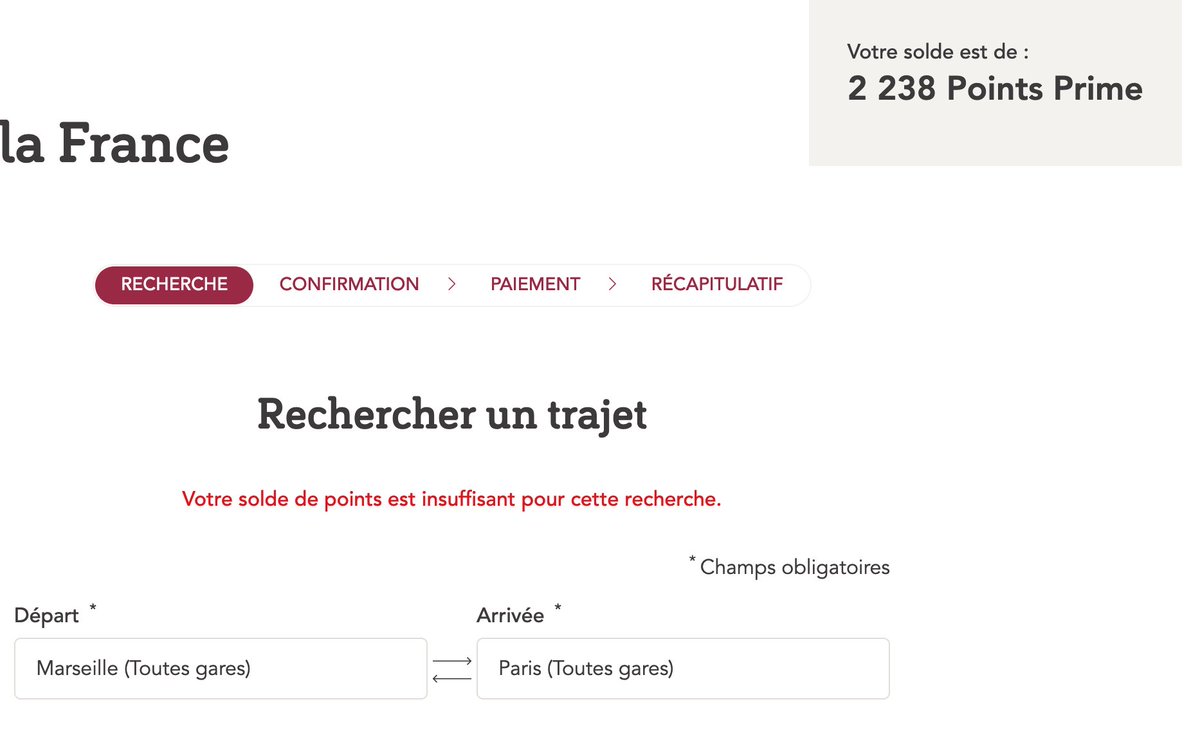 bonsoir <a href="/SNCFVoyageurs/">SNCF Voyageurs</a>,
J’aimerais utiliser mes points primes en profitant de l’offre 1500+10€ pour les billets en France, malgres mon solde de 2238 points, mon solde de points est insuffisants pour cette recherche, pourquoi ?