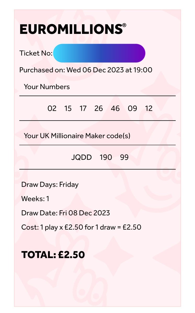 Good evening to my <a href="/DeGodsNFT/">DeGods</a> and <a href="/y00tsNFT/">y00ts</a> fam! 

It's a Euromillions Rollover, currently sitting at £201M - so I'm buying a ticket and if I win the jackpot then slinging a few Millies. Obviously only to my follower friends, maybe RT and like!

Ticket below, wish us all luck🤞