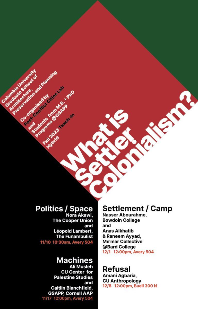 Fourth and last teach-in of the semester on 'What is Settler Colonialism' is on Refusal. This Friday, Dec. 8 at 12 pm at Columbia GSAPP. In Person, at Buell 300 N. For online access, register at the link in the comment. Will keep you posted about future events in the spring.