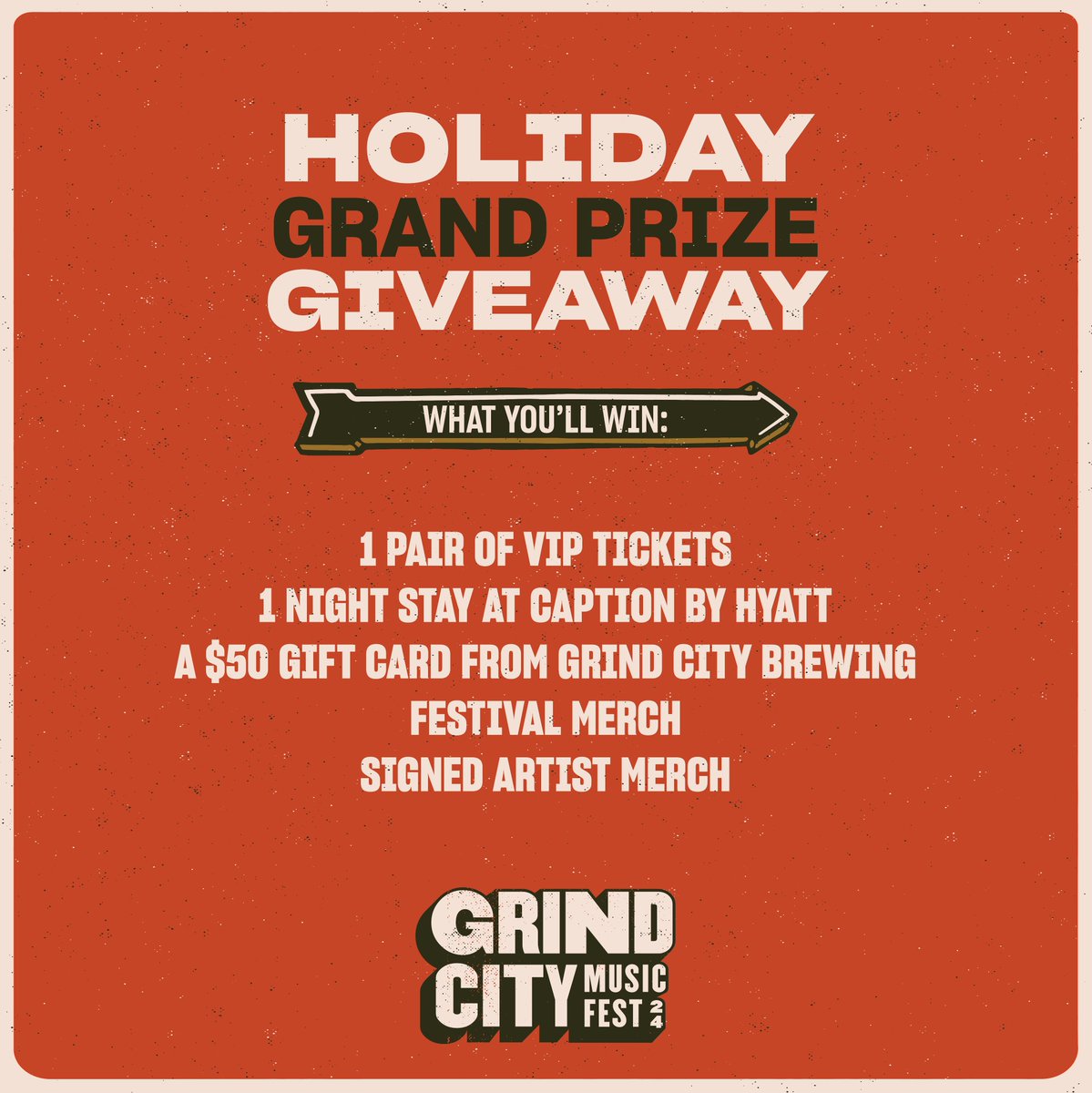 Our Holiday Grand Prize Giveaway has begun! Enter for a chance to win: 🤘2 VIP tickets to Grind City Music Festival 🤘One-night hotel stay 🤘$50 gift card to Grind City Brewing 🤘Festival and Grind City Brewing merch Enter here - sweepwidget.com/c/75219-ri0yw9… **Must be 21 to enter