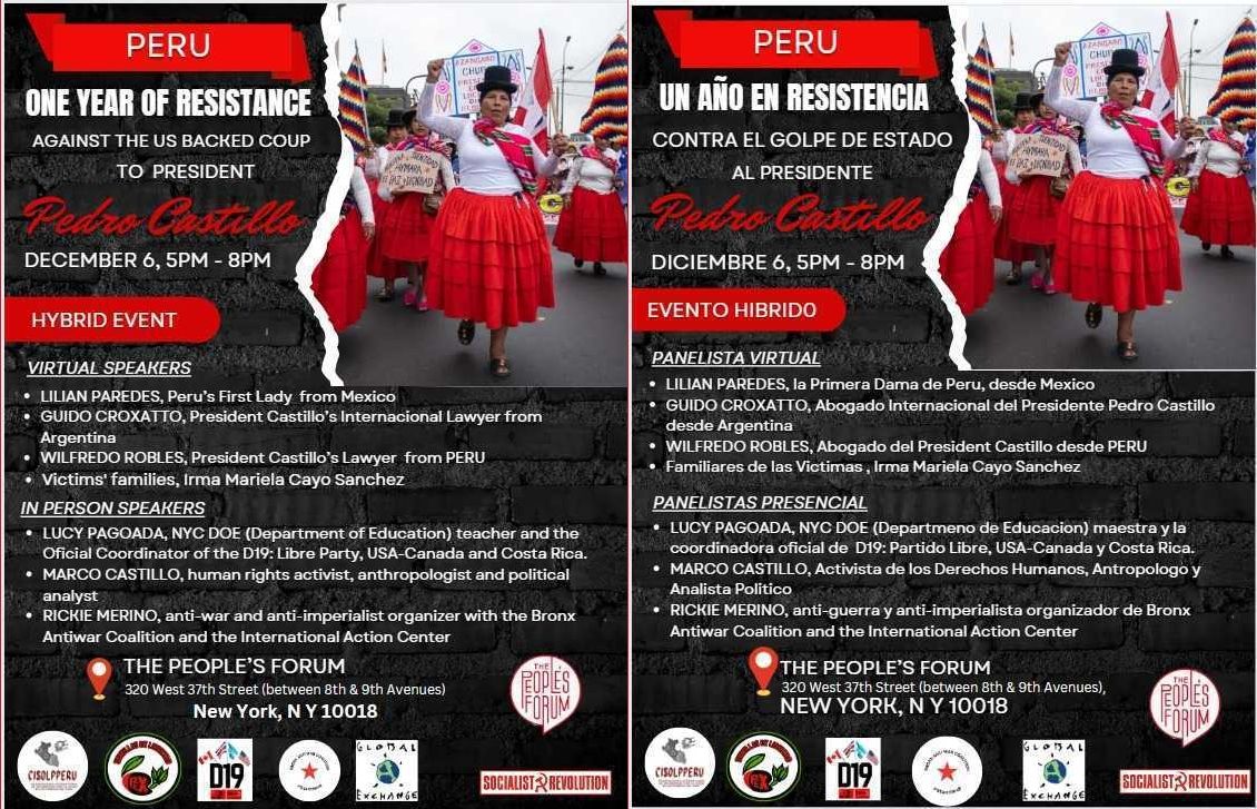 Today we will be speaking in solidarity with the Peruvian people. Last year, there was a US backed coup deposing leftist President Pedro Castillo, imposing Dina Boluarte, who has repressed the movement of the people and killed over 65. Meet us at the People's Forum @ 5PM today!
