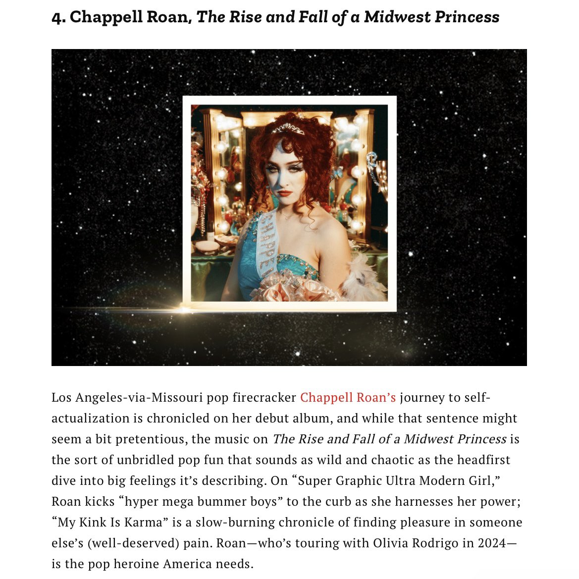 ChappellRoanNow's tweet photo. 📰| Time Magazine has ranked ‘The Rise and Fall of a Midwest Princess’ at #4 on thier 10 Best Albums of 2023 list! ✨ https://t.co/wKJlH9KQy9