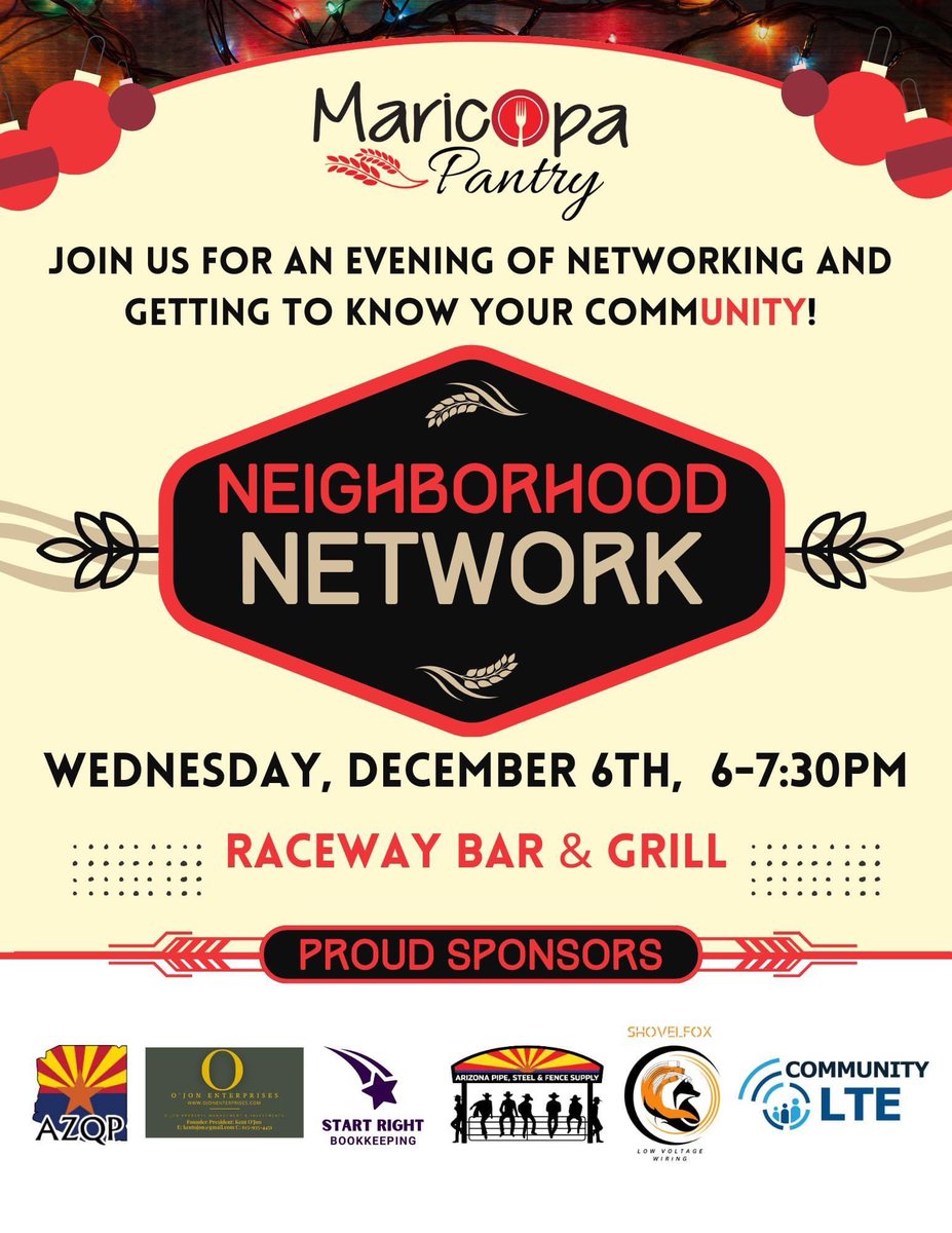 🌟 Join us TONIGHT! 🌟

Neighborhood Network Event
🗓️ Wed, Dec 6th | ⏰ 6-7:30pm
📍 Raceway Bar and Grill

🌟 All are Welcome! 🌟
Discuss the future of our commUNITY with business owners, entrepreneurs, and local supporters.

#CommunityEvent #SupportLocal