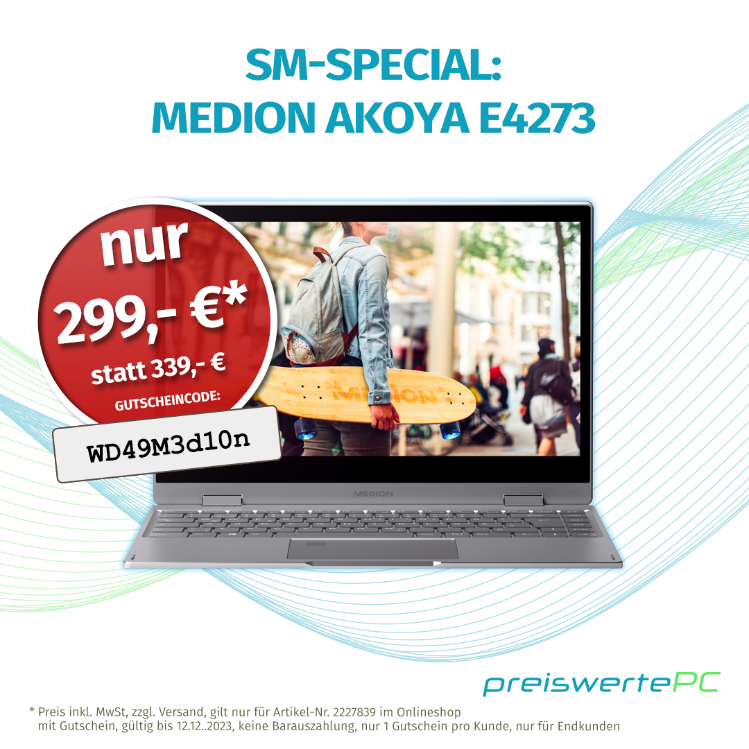 preiswertePC's tweet photo. Dein Medion Akoya E4273 14" Full HD Convertible ermöglicht dir mit 256GB SSD, 8 GB RAM und vielem mehr flexibel und komfortabel zu arbeiten.

Hol dir jetzt deines in unserem Deal! 😍😎💻 

https://t.co/RnMLqcWPTB

#deal #sale #voucher #rabatt #aktion #gutschein #technology #tech https://t.co/Qz1gDkpNsc
