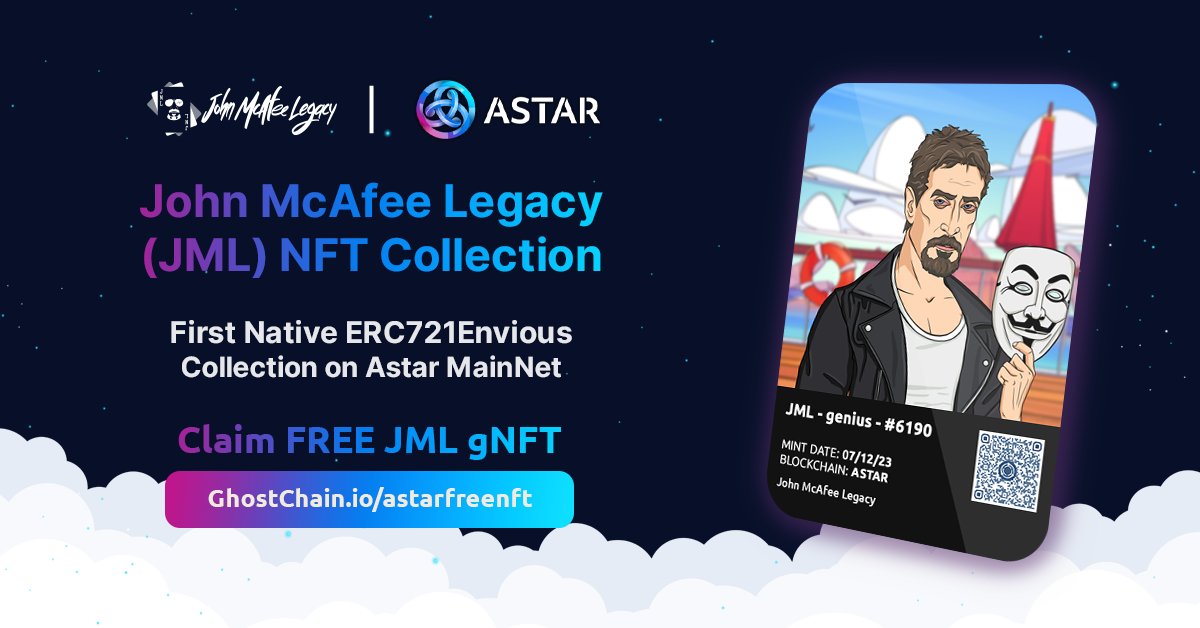 realGhostChain's tweet photo. 📢John McAfee Legacy #JML NFT Collection is now live on @AstarNetwork mainnet making it the first native #ERC721Envious collection on #ghostNFT 👻

Claim your own #gNFT for FREE &amp; earn $GMV tokens:
👉https://t.co/lyzYhs9Ofq

#AirdropAlert #Airdrop #NFTGiveaway #NFTGiveaways $ASTR https://t.co/kxkCu4NdJa