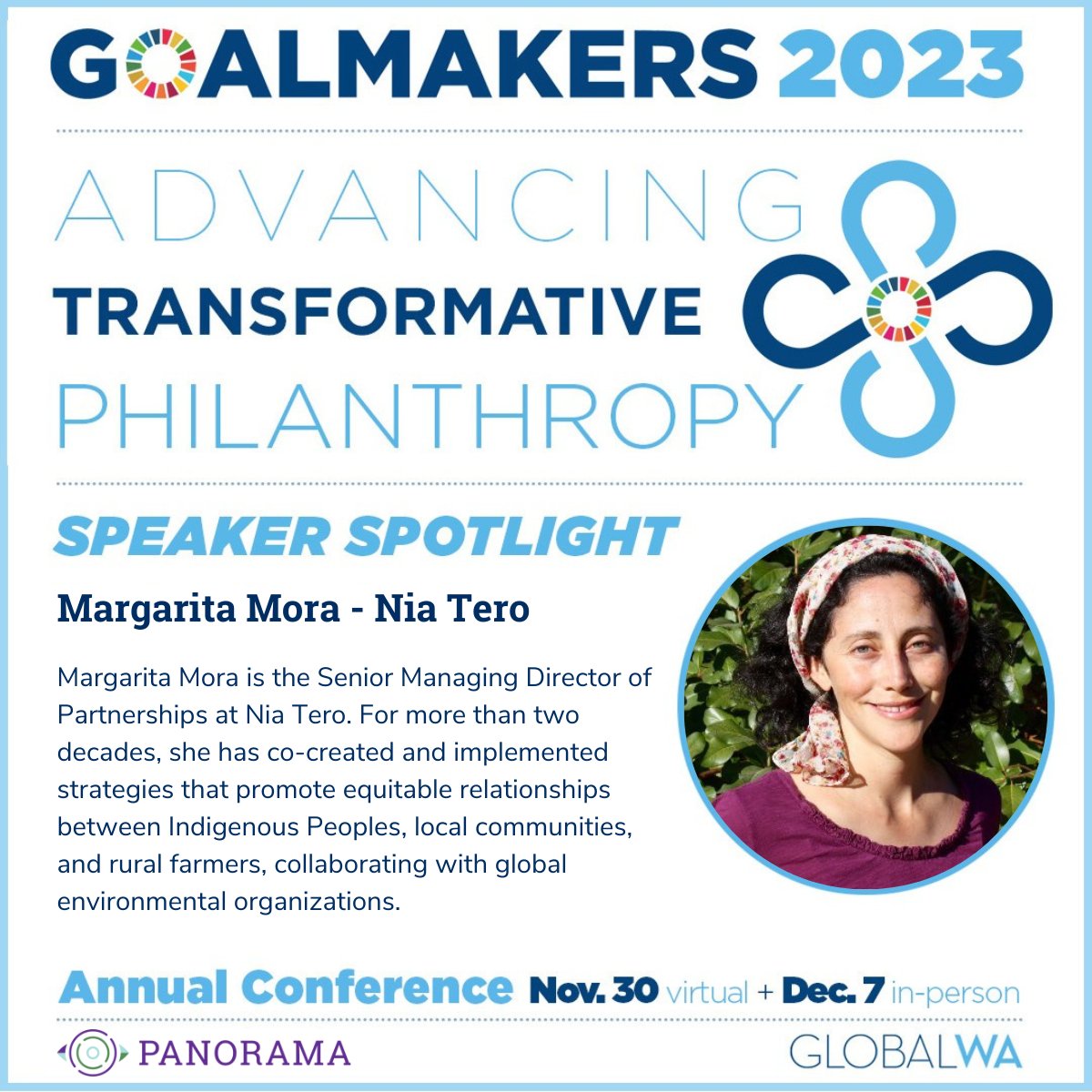 We’re happy to introduce another of our speakers for tomorrow’s panel at #Goalmakers2023 - Margarita Mora, Senior Managing Director of Partnerships at @NiaTero.

We’re looking forward to what promises to be an important and engaging discussion at the panel tomorrow! @GlobalWA