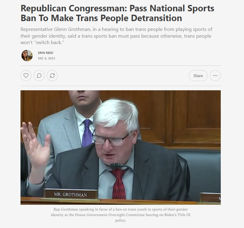 ErinInTheMorn's tweet photo. 1. Yesterday, a Republican Congressman announced his real reason for trans sports bans: forced detransition.

If trans people aren't banned, "some of these guys will never switch back."

The hearing devolved from there.

Subscribe to support my work. https://t.co/Dhqr59gXpr