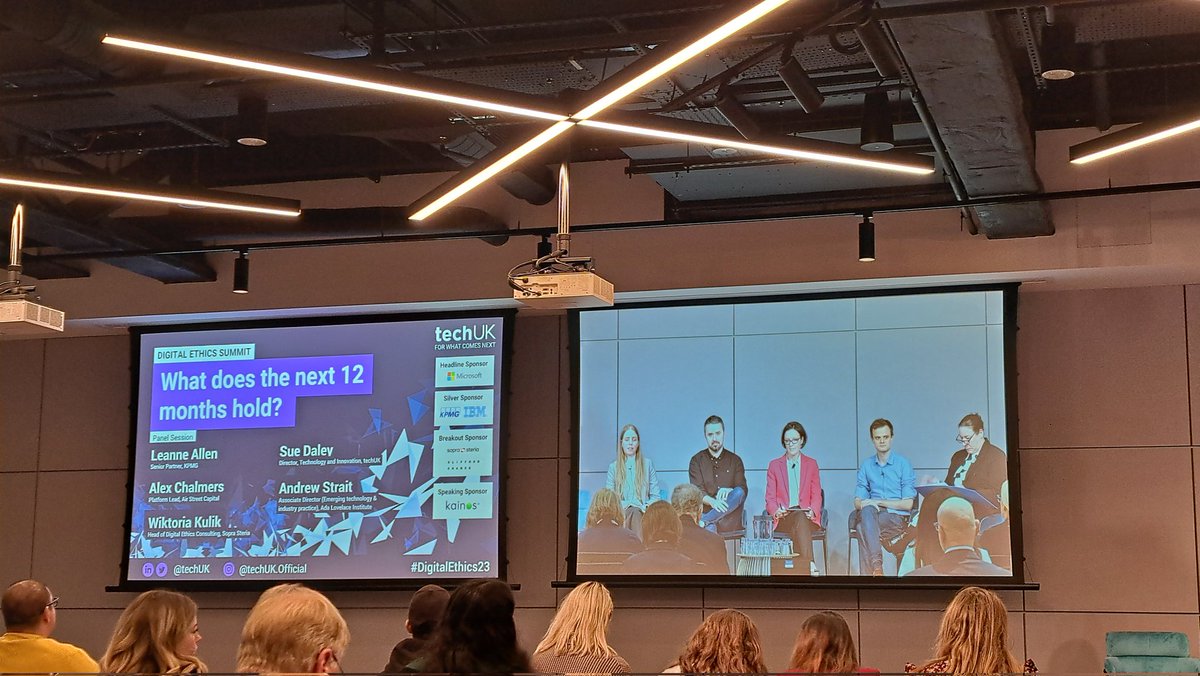 techUK's tweet photo. And now... to the final panel of the day!! During this panel we are looking back at the most significant developments in 2023 and discussing some predictions for 2024. Any thoughts? 👀 #DigitalEthics23 https://t.co/gFyrtiRAKy