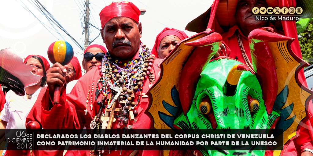 Hace 11 años Los Diablos Danzantes del Corpus Christi fueron declarados, por la Unesco, como Patrimonio Inmaterial de la Humanidad, una colorida tradición religiosa-cultural venezolana, que escenifica el triunfo del bien sobre el mal, al ritmo mágico de las maracas y el tambor.