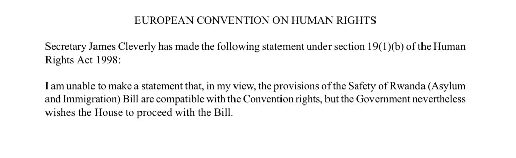 BREAKING - note at the start of the Government’s emergency ‘Safety of Rwanda’ Bill says it is not compatible with the ECHR.