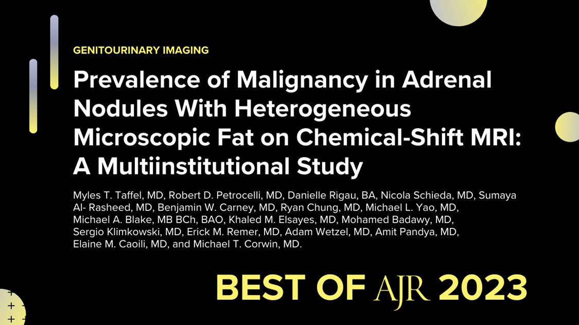 AJR (@ajr_radiology) on Twitter photo This study from <a href="/MylesTaffel/">Myles Taffel</a>, <a href="/ErickMRemer/">Erick Remer</a>, <a href="/MTCorwin/">Michael Corwin</a>, et al. found that, in patients without a history of malignancy, adrenal nodules with signal loss caused by heterogeneous microscopic fat do not require additional imaging evaluation.
ajronline.org/doi/10.2214/AJ… This study from <a href="/MylesTaffel/">Myles Taffel</a>, <a href="/ErickMRemer/">Erick Remer</a>, <a href="/MTCorwin/">Michael Corwin</a>, et al. found that, in patients without a history of malignancy, adrenal nodules with signal loss caused by heterogeneous microscopic fat do not require additional imaging evaluation.
ajronline.org/doi/10.2214/AJ…