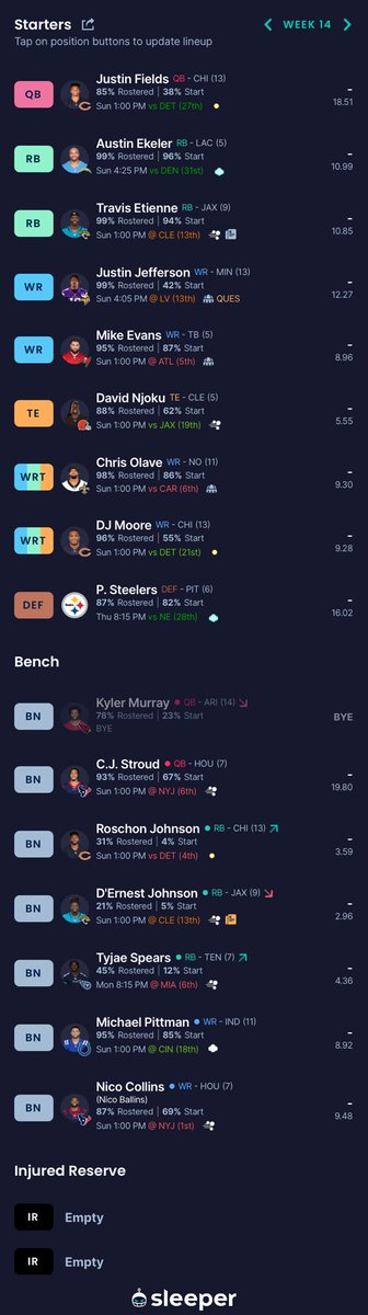 JAdams332's tweet photo. @andyholloway @jasonmoore @FFHitman fellas… I’m in a WR predicament. Any suggestions? Decided to bench Pittman because of the chance of rain but I’d also be missing out on 10-16 targets 😔 https://t.co/k3XJ66weeL