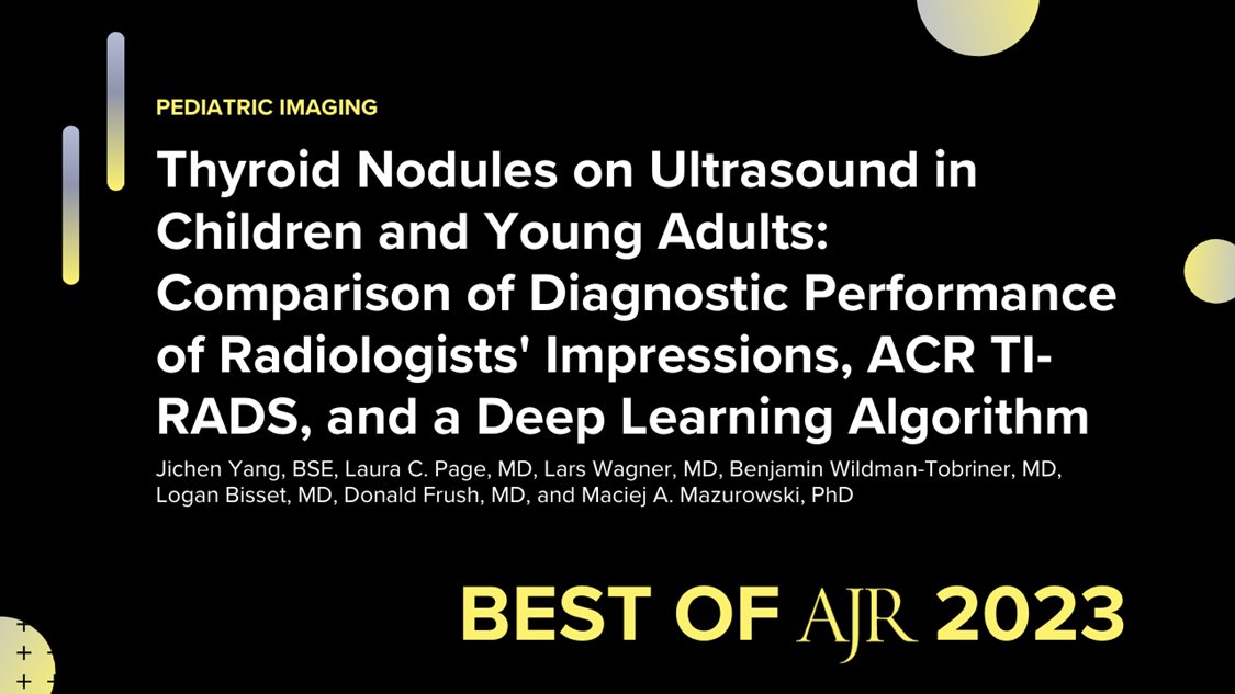 AJR (@ajr_radiology) on Twitter photo This article from <a href="/benWTmd/">Ben Wildman-Tobriner</a>, <a href="/MazurowskiPhD/">Maciej A. Mazurowski</a>, et al. compared the diagnostic performance of ACR TI-RADS and a deep learning algorithm in differentiating benign and malignant thyroid nodules on ultrasound in children and young adults.
ajronline.org/doi/10.2214/AJ… This article from <a href="/benWTmd/">Ben Wildman-Tobriner</a>, <a href="/MazurowskiPhD/">Maciej A. Mazurowski</a>, et al. compared the diagnostic performance of ACR TI-RADS and a deep learning algorithm in differentiating benign and malignant thyroid nodules on ultrasound in children and young adults.
ajronline.org/doi/10.2214/AJ…