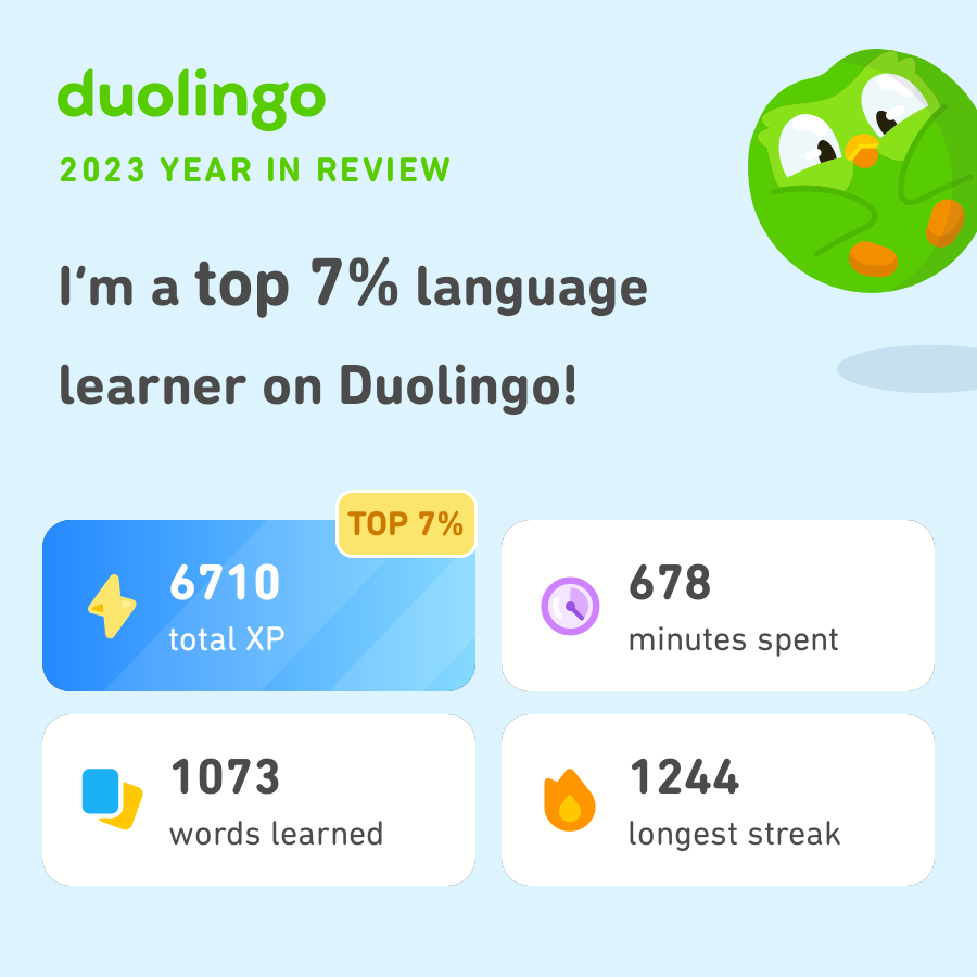 ayhanflk's tweet photo. Look how much I learned on Duolingo in 2023! How did you do? #Duolingo365 https://t.co/r8qCJNaGKW