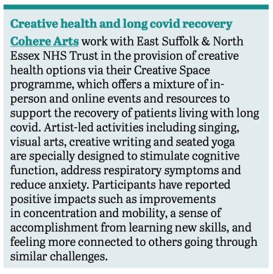 Proud that our Creative Space programme supporting recovery from #LongCovid is included as a case study in the #CreativeHealthReview launching today ncch.org.uk/creative-healt…. This project, part of our wider #creativehealth programme, is produced in partnership with @ESNEFT