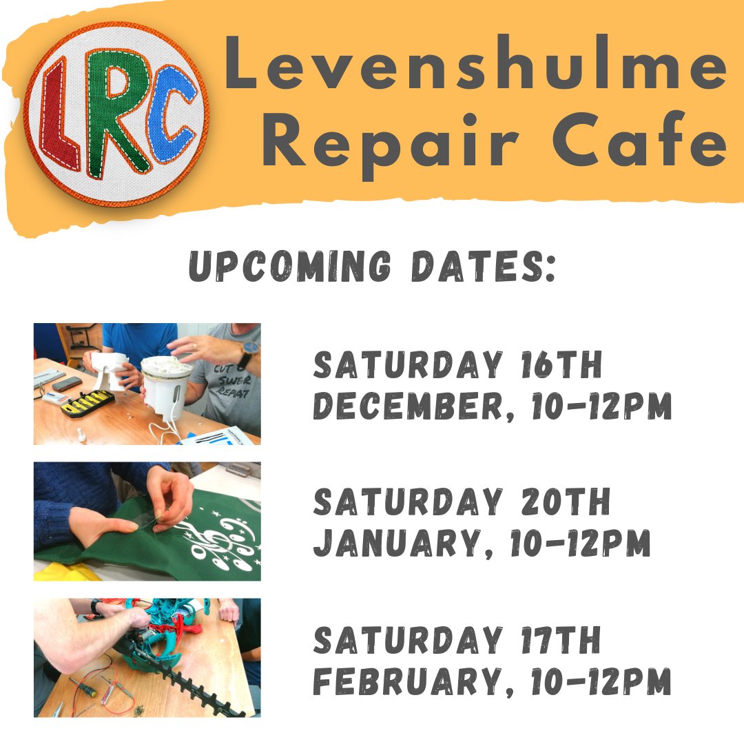 When are we next back at @LevyOldLibrary? Here are our upcoming dates, including our next Repair Cafe on Sat 16th December, 10-12 noon. If your fairy lights, turkey carver or dancing Santa is on the blink, this is your last chance to get it fixed before the big day! 😁🎅🎄