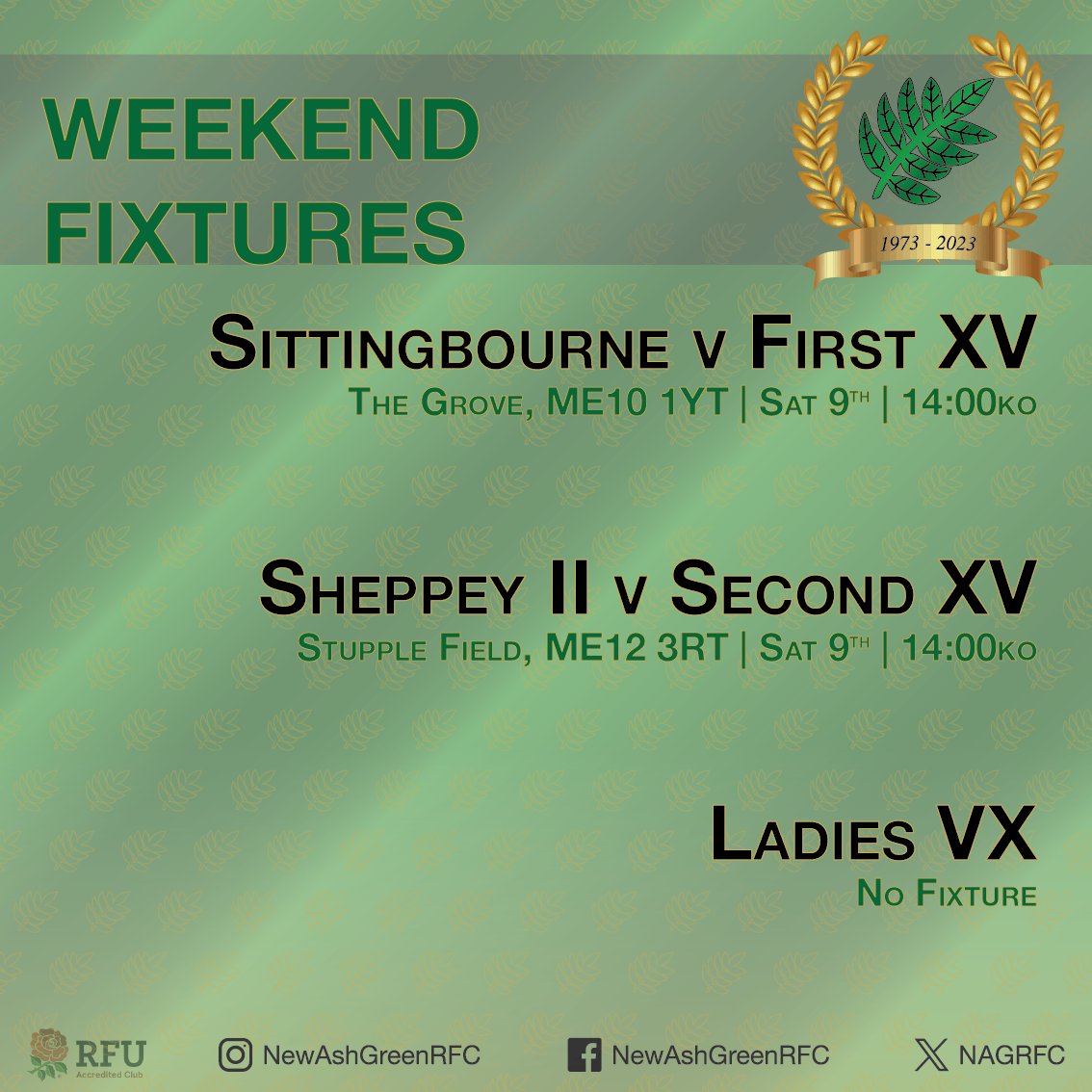 Both men's teams are in action this weekend looking to travel. 1XV head to @SrufcRugby and the 2XV are on their way to @SheppeyRFC_1892 IIs! No Ladies game this weekend.