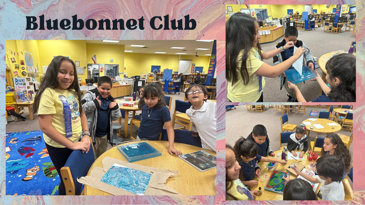 Super excited about this week's Bluebonnet club meet! Students did paper marbling to make mini galaxies for the First Cat in Space Ate Pizza by @macbarnett. Keep shinning bright Colt readers and artists! #SISD_Reads @DW_K8S #literaturerocks @Sparks_Interest