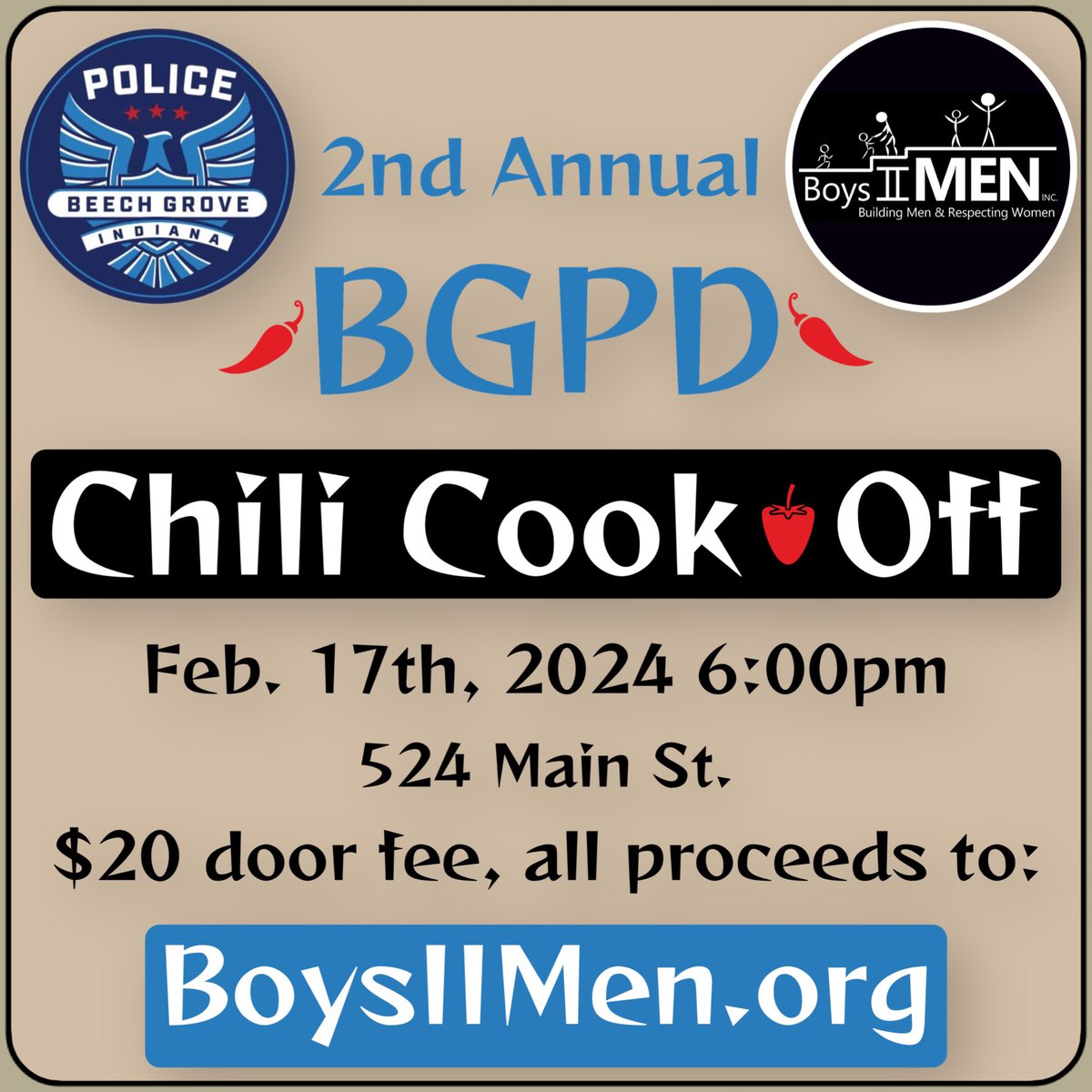 2nd Annual BGPD & Boys II Men, Inc Chili Cook Off. Entries limited to 30 pots, 10 per category: hot, mild, and white chicken. ‼️Auction baskets needed. All Proceeds go to Boys II Men, Inc. boysiimen.org For entry or donations email Tom.Hurrle@Beechgrove.com